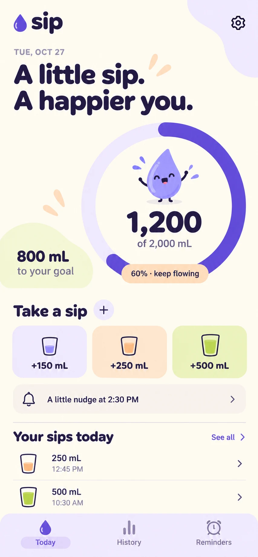 Sip app dashboard with happy purple water-drop mascot, 60% daily goal progress, quick-add glasses, and today's water history.